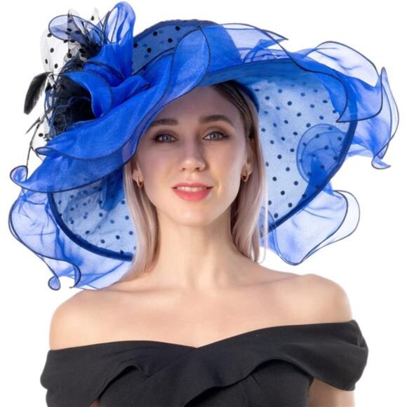 Women's Organza Derby Hat Tea Party Blue - Picture 1 of 7